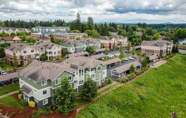 an aerial view of a neighborhood with houses and trees