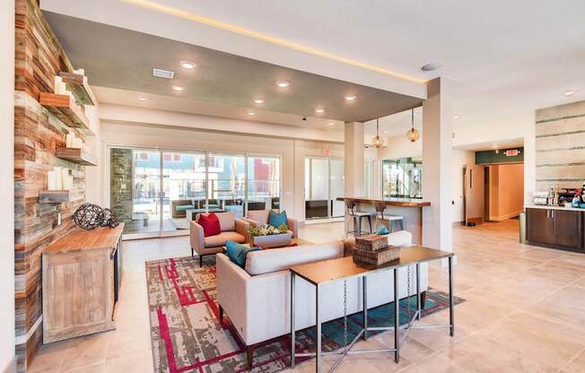 A modern living room with a wooden cabinet and a sofa.