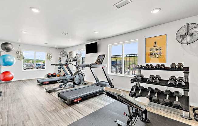 A gym with a row of treadmills, a row of dumbbells, and a bench press.