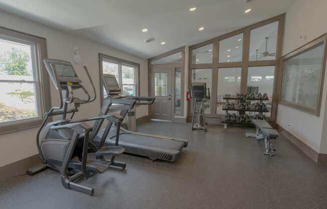 the gym has plenty of exercise equipment and windows