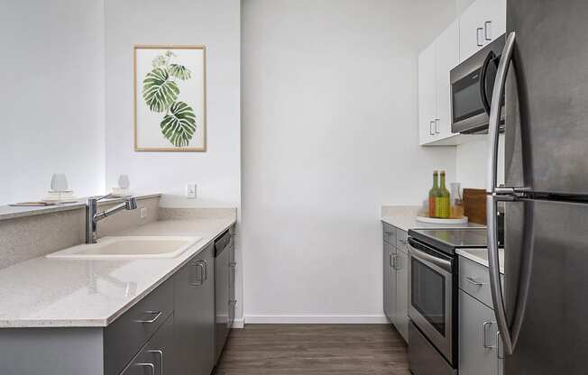 One BR Apartments in Southeast Portland, OR - The Lenox - Kitchen with Stainless Steel Appliances, Luxury Wood Grain Vinyl Plank Flooring, Quartz Countertops, and Grey and White Cabinetry