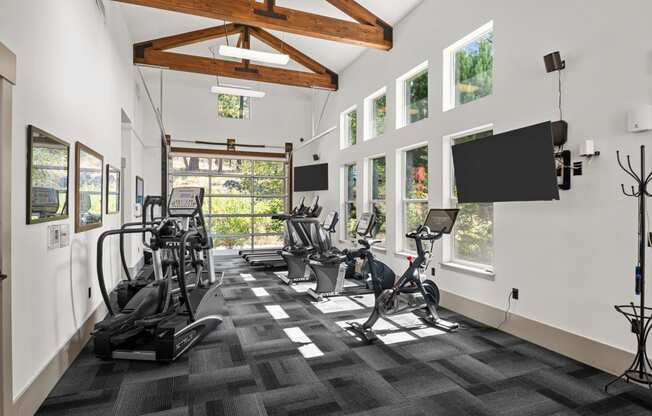 the gym has treadmills and other exercise equipment and windows