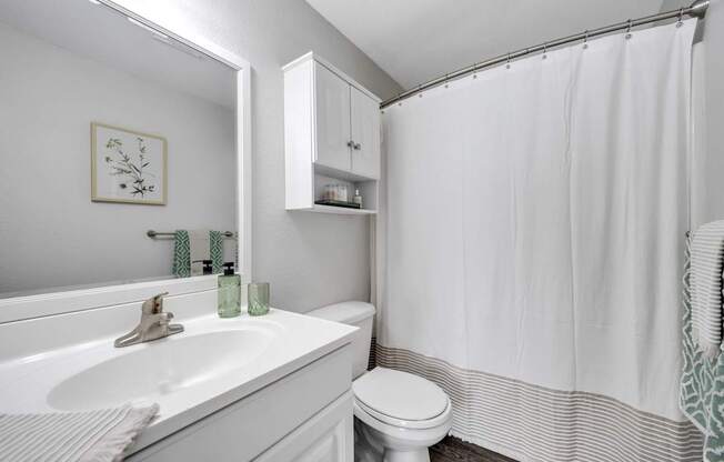 A white bathroom with a toilet, sink, and shower.