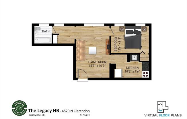 1 bed, 1 bath, 408 sqft, $1,750, Unit 308