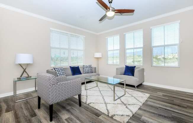 a living room with couches and a glass coffee table