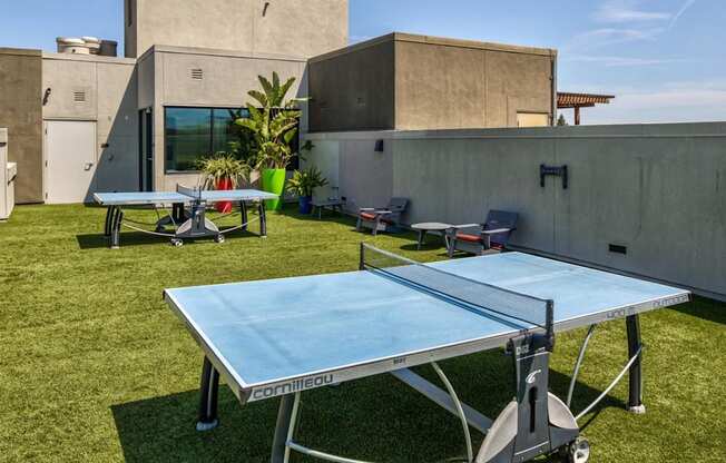 A blue folding table is set up on a lawn.