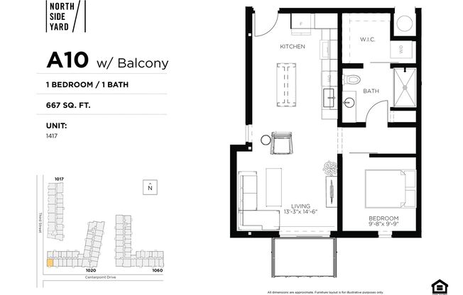 1 bed, 1 bath, 667 sqft, $1,425, Unit 1417