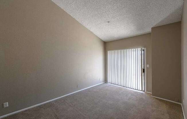 A room with a carpeted floor and a door with vertical blinds.