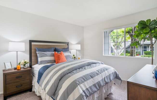 a bedroom with a bed and a window