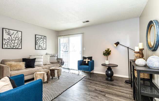 a living room with a couch and a table