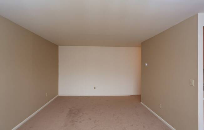 an empty room with beige carpet and a white wall