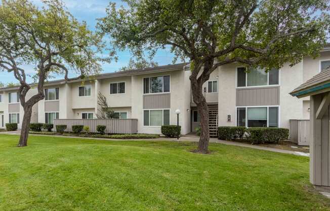 the outlook of an apartment building with a lawn and trees