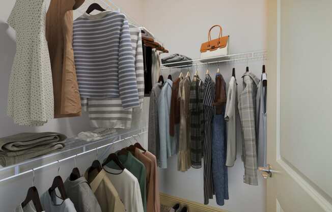 a closet with a rack of clothes and a handbag