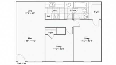 2 beds, 1 bath, 871 sqft, $915