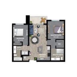 2 beds, 2 baths, 1,075 sqft, $1,636