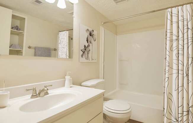 A bathroom with a white toilet, sink, and shower.