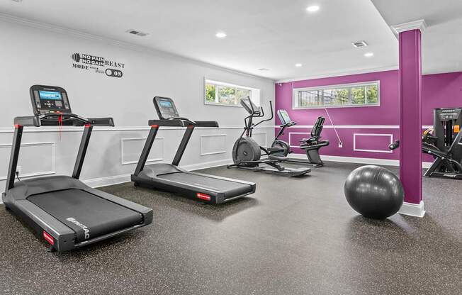 A gym with treadmills, exercise balls, and other equipment.