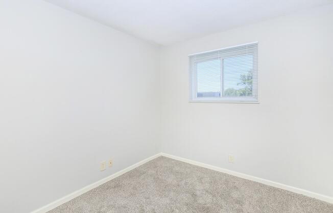 Empty room with light gray walls and beige carpet. A window with blinds allows natural light, and there are no furniture or decorations in the space. The overall appearance is clean and minimalistic, suitable for various uses like an office or bedroom.