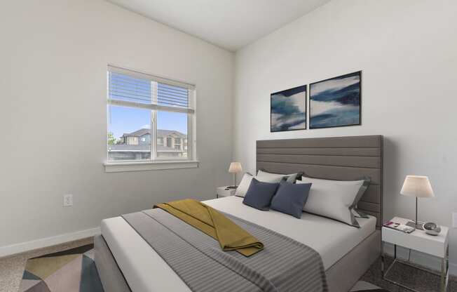 a bedroom with a large bed and a large window
