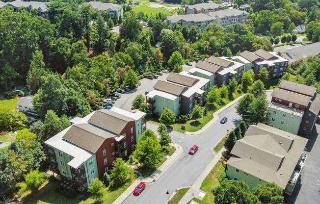 an aerial view of a neighborhood with houses and trees at River Mill Lofts & Skyloft, Asheville, 28803