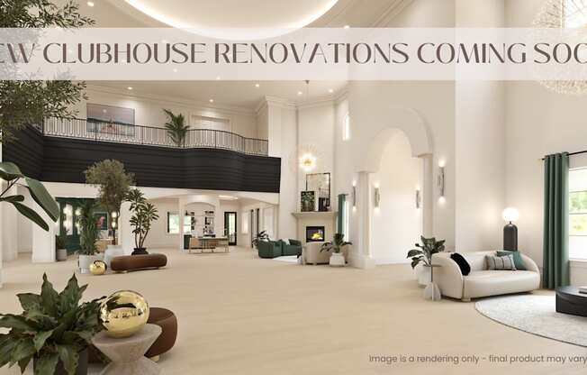 A rendering of a clubhouse interior with a caption indicating upcoming renovations.