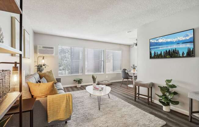 A living room with a grey couch, a yellow throw blanket, a white coffee table, and a flat screen TV mounted on the wall.