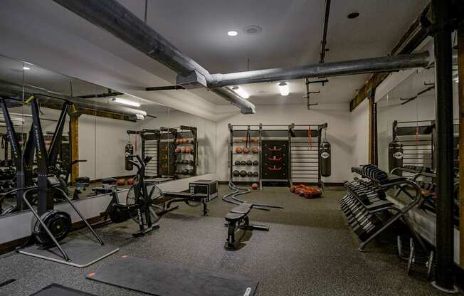 A gym with a variety of equipment including weights and weight machines.