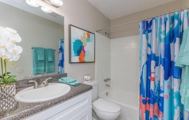 a room with a sink mirror and shower curtain