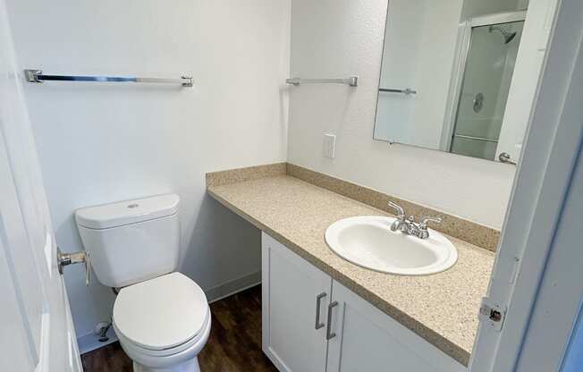 A white toilet sits in a small bathroom next to a sink.
