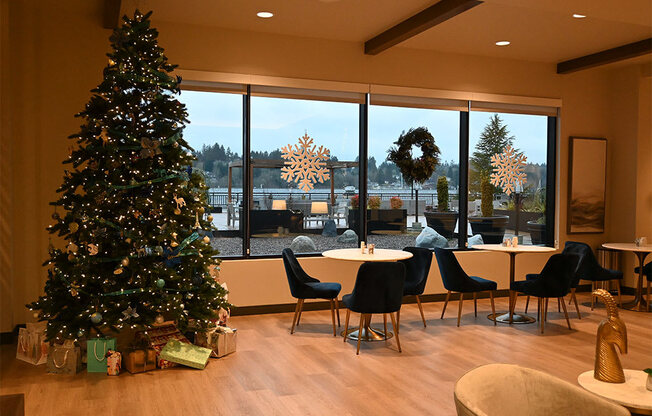 lobby area holiday decorations  at Harbor Heights 55+ Community, Washington, 98501