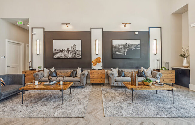 Community Clubhouse with Lounge Furniture at Alta 3Eighty Apartments located in Aubrey, TX.