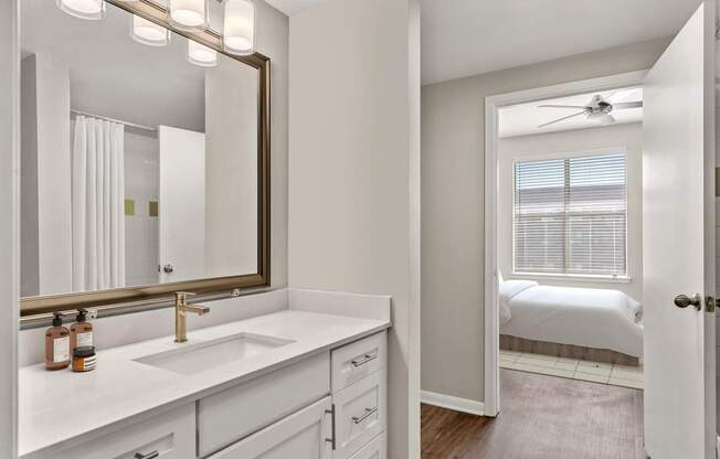 A bathroom with a white sink and a mirror above it.