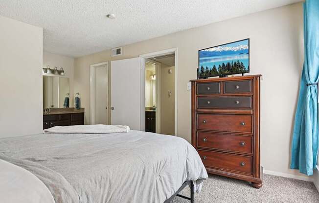 A bedroom with a bed, dresser, and mirror.