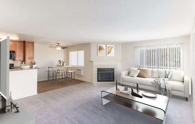 A modern living room with a fireplace and a glass coffee table.