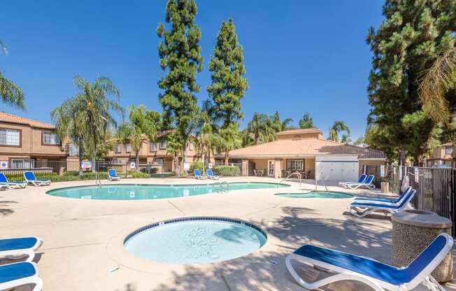 our apartments have a large swimming pool with chairs and trees