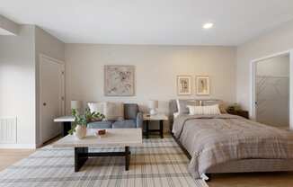 a bedroom with a bed and a couch