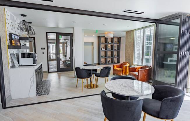 furnished leasing lobby and resident lounge at Bayswater Apartments, Burlingame, 94010