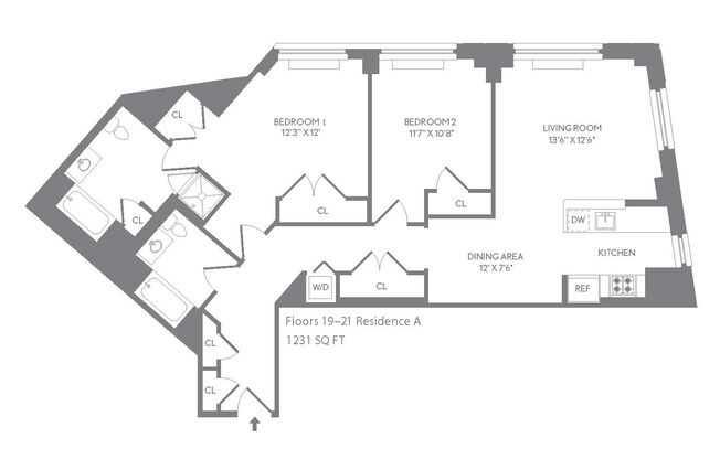 2 beds, 2 baths, 1,231 sqft, $12,350, Unit 20A