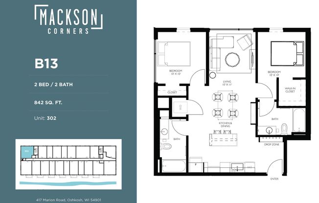 2 beds, 2 baths, 842 sqft, $2,050, Unit 402
