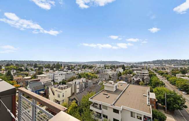 A cityscape with buildings and a clear sky.