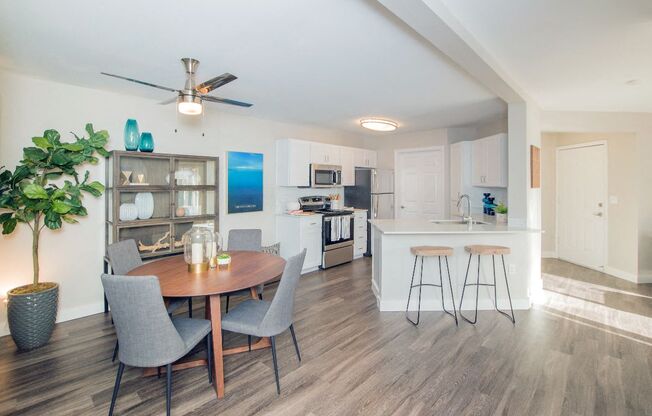 a living room and kitchen with a table and chairs