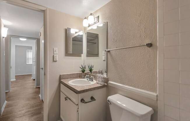 This is a photo of the bathroom in the 650 square foot 1 bedroom, 1 bath apartment at Preston Park Apartments in Dallas, TX