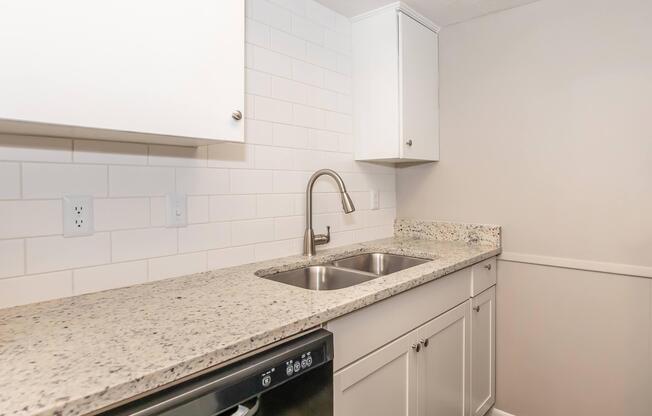 Modern kitchen featuring a double sink with a sleek faucet, granite countertops, and white cabinetry. The backsplash consists of white tiles, and there is a built-in dishwasher beneath the counter. The walls are painted in a soft gray, creating a clean and contemporary look.