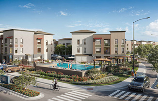 a rendering of an apartment complex with a swimming pool at North Grove, California, 92501