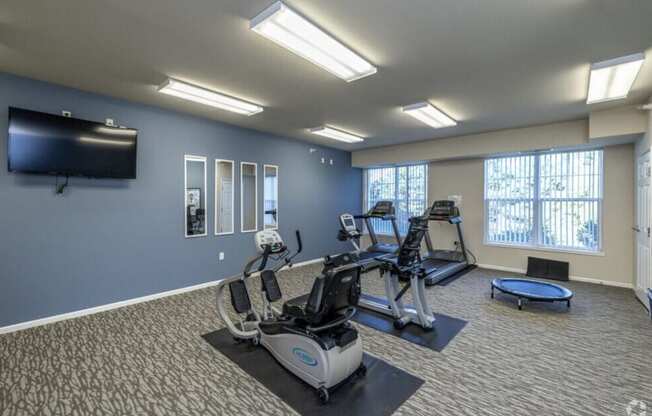 A gym with a television, treadmill, and exercise bike.