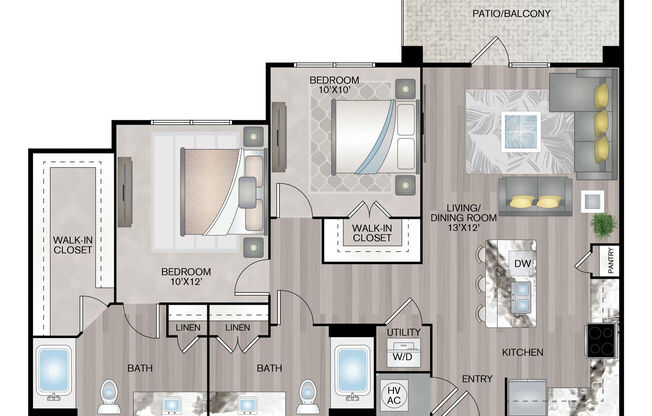 2 beds, 2 baths, 1,010 sqft, $1,635