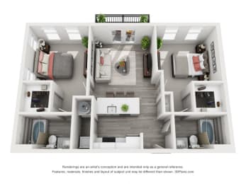 2 beds, 2 baths, 888 sqft, $1,600