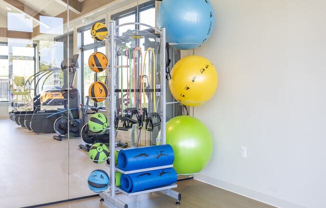 a gym with a bunch of exercise equipment and balloons