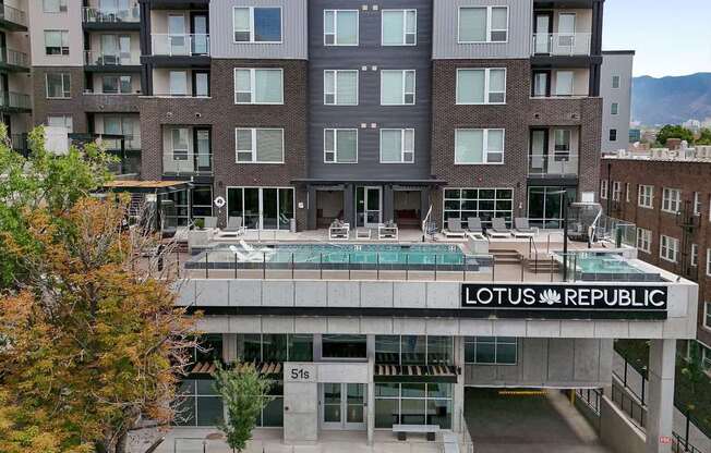 The image shows a multi-story building with the name