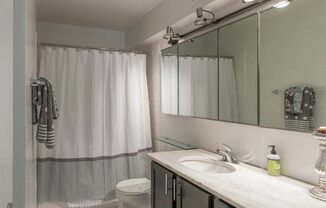 a bathroom with a shower and a sink and a toilet